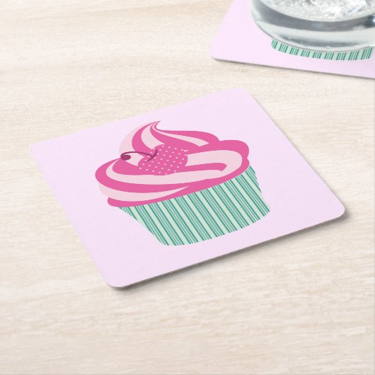 かわいいピンクのカップケーキパステルピンク スクエアペーパーコースター (アングル)