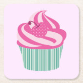 かわいいピンクのカップケーキパステルピンク スクエアペーパーコースター (正面)