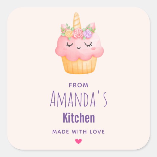 かわいいピンクのカップケーキユニコーンとバラキッチン スクエアシール (正面)