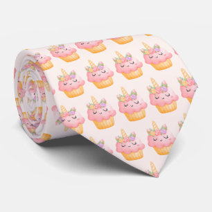 かわいいピンクのカップケーキユニコーンとバラ柄 ネクタイ
