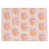 かわいいピンクのカップケーキユニコーンとバラ柄 ラージペーパーバッグ (正面)