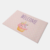 かわいいピンクのカップケーキユニコーンとバラ歓迎 ドアマット (アングル)