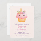 かわいいピンクのカップケーキユニコーンとバラ誕生日 インビテーションポストカード (正面/裏面)