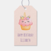 かわいいピンクのカップケーキユニコーンとバラ誕生日 ギフトタグ (正面)