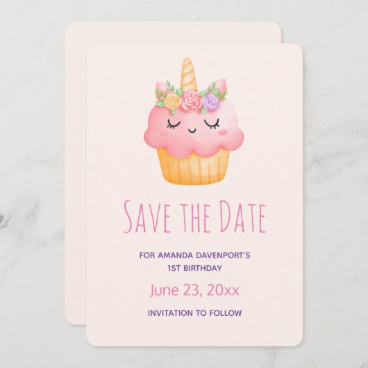 かわいいピンクのカップケーキユニコーンとバラ誕生日 セーブザデート (正面/裏面)