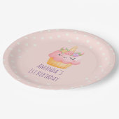 かわいいピンクのカップケーキユニコーンとバラ誕生日 ペーパープレート (アングル)