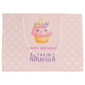 かわいいピンクのカップケーキユニコーンとバラ誕生日 ラージペーパーバッグ (裏面)