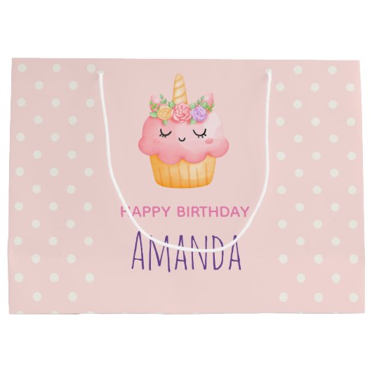 かわいいピンクのカップケーキユニコーンとバラ誕生日 ラージペーパーバッグ (裏面)