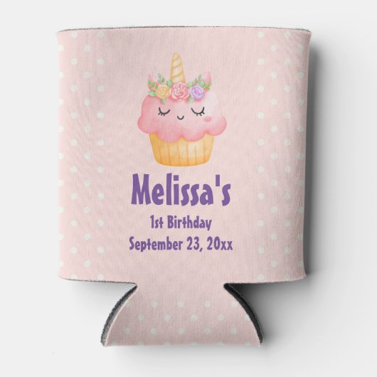 かわいいピンクのカップケーキユニコーンとバラ誕生日 缶クーラー (正面)