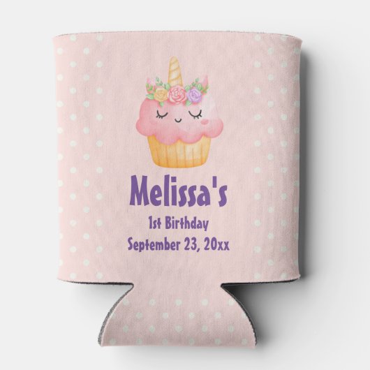 かわいいピンクのカップケーキユニコーンとバラ誕生日 缶クーラー (裏面)