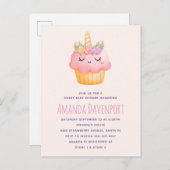 かわいいピンクのカップケーキユニコーンとバラ赤ちゃんシャワー インビテーションポストカード (正面/裏面)