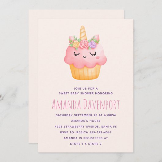 かわいいピンクのカップケーキユニコーンとバラ赤ちゃんシャワー 招待状 (正面/裏面)
