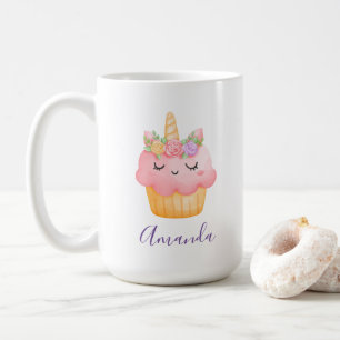 かわいいピンクのカップケーキユニコーンとバラ コーヒーマグカップ