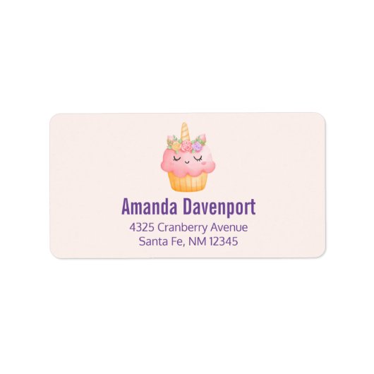 かわいいピンクのカップケーキユニコーンとバラ ラベル (正面)