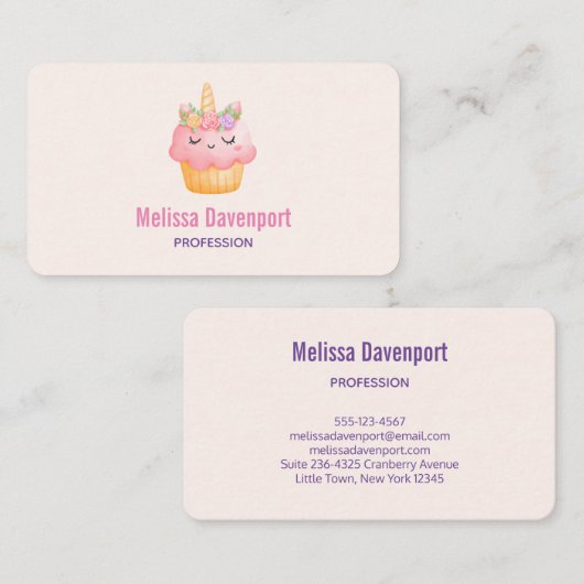 かわいいピンクのカップケーキユニコーンとバラ 名刺 (正面/裏面)