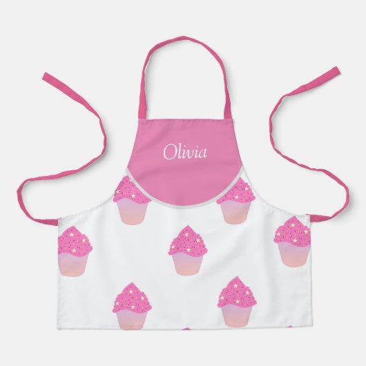 かわいいピンクのカップケーキ柄の子の名前 エプロン (正面)