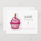 かわいいピンクのカップケーキ誕生日発表葉書 案内ポストカード (正面/裏面)