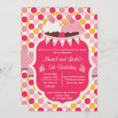 かわいいピンクのカップケーキ2点とイチゴのパーティー 招待状 (正面/裏面)