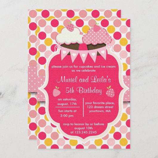 かわいいピンクのカップケーキ2点とイチゴのパーティー 招待状 (正面/裏面)