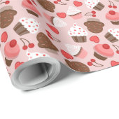 かわいいピンクのカップケーキ、ハートおよびさくらんぼパターン ラッピングペーパー (ロールコーナー)