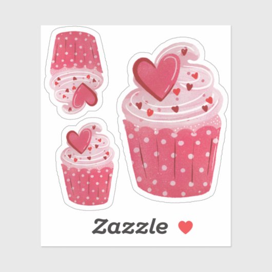 かわいいピンクのカップケーキ |ハート散布と水玉模様 シール (シート)