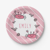 かわいいピンクのカニの動物の少女の名前 ペーパープレート (正面)