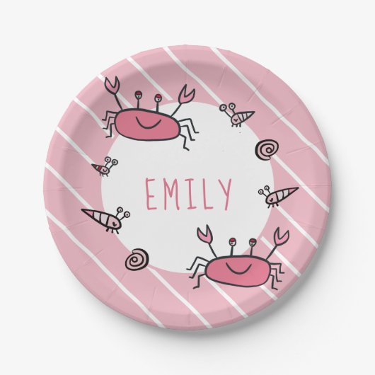 かわいいピンクのカニの動物の少女の名前 ペーパープレート (正面)