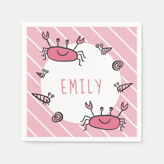 かわいいピンクのカニの海の動物の女の子の名前の誕生日 スタンダードカクテルナプキン (正面)