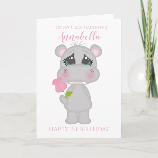 かわいいピンクのカバの孫娘の初誕生日フォト カード (正面)