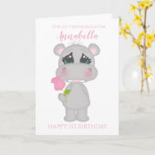 かわいいピンクのカバの孫娘の初誕生日フォト カード (黄色い花)