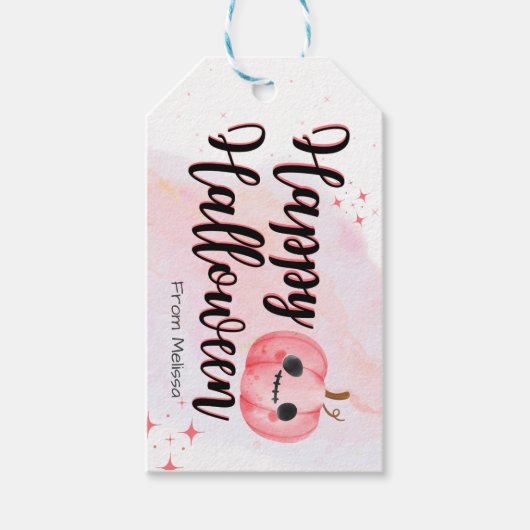 かわいいピンクのカボチャの水の色のトリックまたは好意を扱う ギフトタグ (正面)