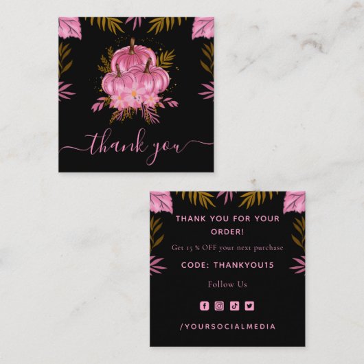 かわいいピンクのカボチャの葉の秋感謝祭ありがとう スクエア名刺 (正面/裏面)