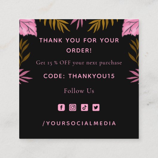 かわいいピンクのカボチャの葉の秋感謝祭ありがとう スクエア名刺 (裏面)