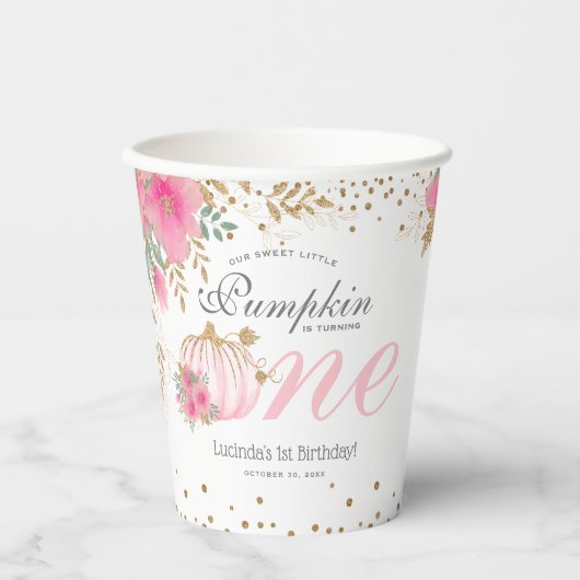 かわいいピンクのカボチャフローラ1st誕生日 紙コップ (正面)