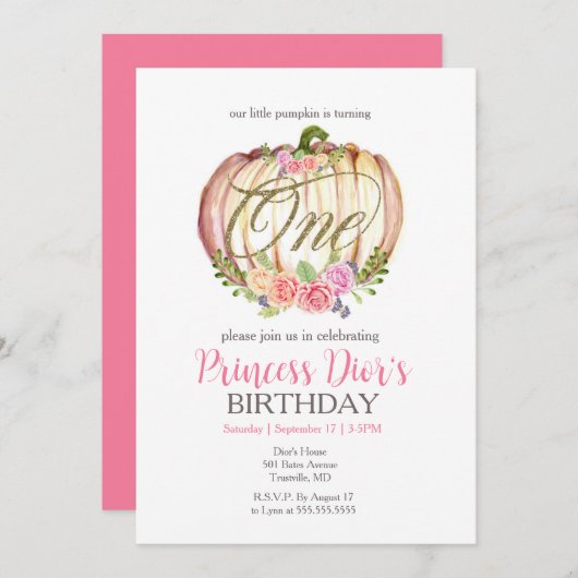 かわいいピンクのカボチャ水彩最初の誕生日 招待状 (正面/裏面)
