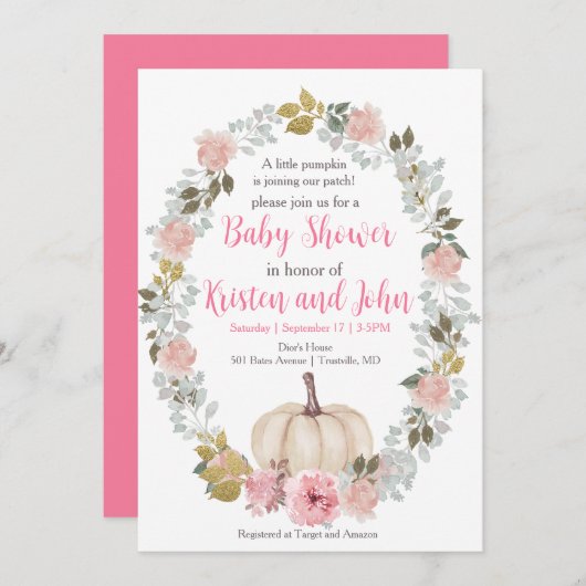 かわいいピンクのカボチャ花の水彩2nd誕生日 招待状 (正面/裏面)