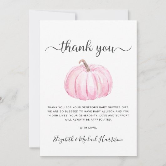 かわいいピンクのカボチャ赤ちゃんガールシャワー サンキューカード (正面)