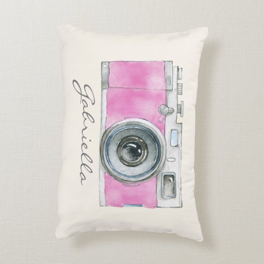 かわいいピンクのカメラパーソナライズされたフォトグラファー アクセントクッション (裏面(縦))
