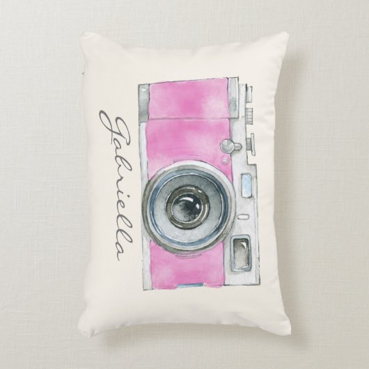 かわいいピンクのカメラパーソナライズされたフォトグラファー アクセントクッション (正面(垂直))