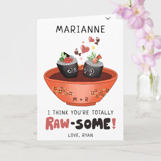 かわいいピンクのカワイイ寿司が恋してるバレンタインデー カード (蘭)