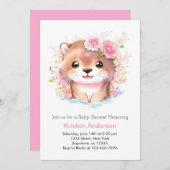 かわいいピンクのカワウソとワイルドフラワーガールベビーシャワー 招待状 (正面/裏面)