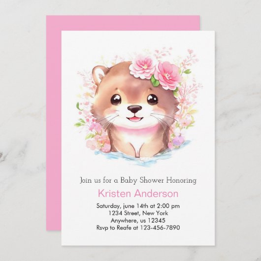 かわいいピンクのカワウソとワイルドフラワーガールベビーシャワー 招待状 (正面/裏面)
