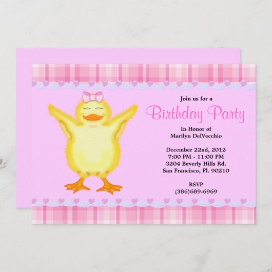 かわいいピンクのカード(黄色いダック誕生日) 招待状 (正面/裏面)