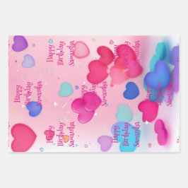 かわいいピンクのガーリーハート お誕生日おめでとう ラッピングペーパーシート