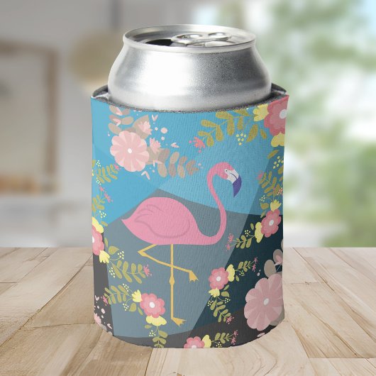 かわいいピンクのガーリーフラミンゴの花柄デザイン 缶クーラー