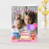 かわいいピンクのキッズトイズ誕生祝い写真 カード (黄色い花)