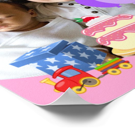 かわいいピンクのキッズトイズ誕生祝い写真 ポスター (角)