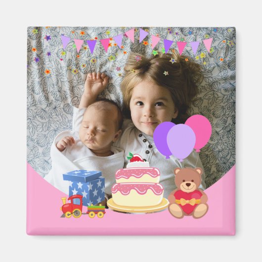 かわいいピンクのキッズトイズ誕生祝い写真 マグネット (正面)