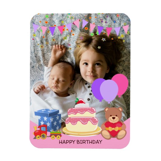 かわいいピンクのキッズトイズ誕生祝い写真 マグネット (縦)