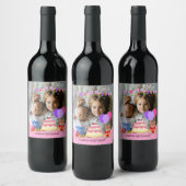 かわいいピンクのキッズトイズ誕生祝い写真 ワインラベル (ボトル)